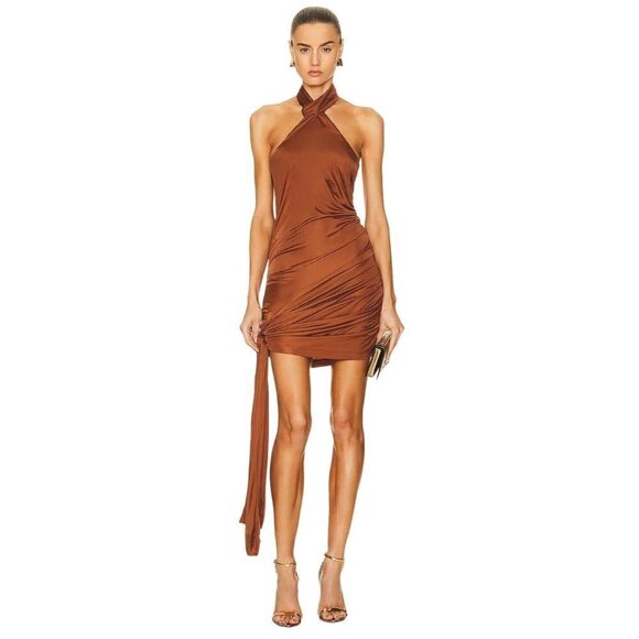 GAUGE81 Riga Halter Slinky Dress in Chestnut Brown Large New Womens Cocktail - Picture 4 of 16